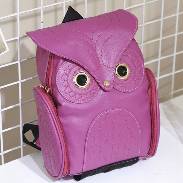 Back view: Women's multi-pocket PU leather backpack, comfortable design with charming owl print.
