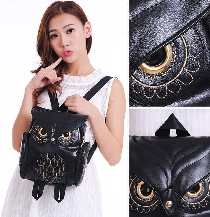 Cute owl print PU leather backpack for women, practical multi-pockets. Ideal everyday bag.