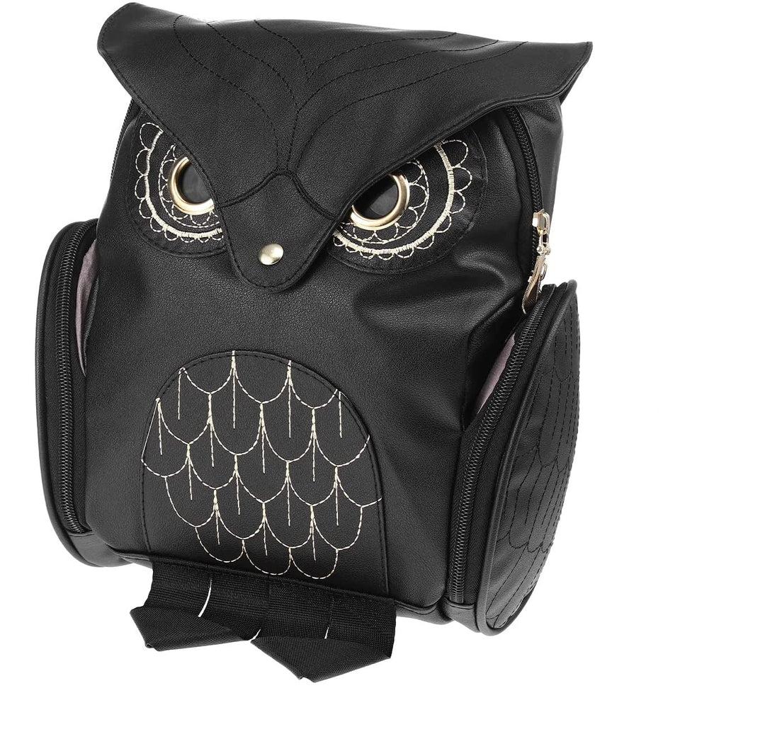 Detailed view of a women's PU leather owl print backpack, highlighting multi-pocket features.