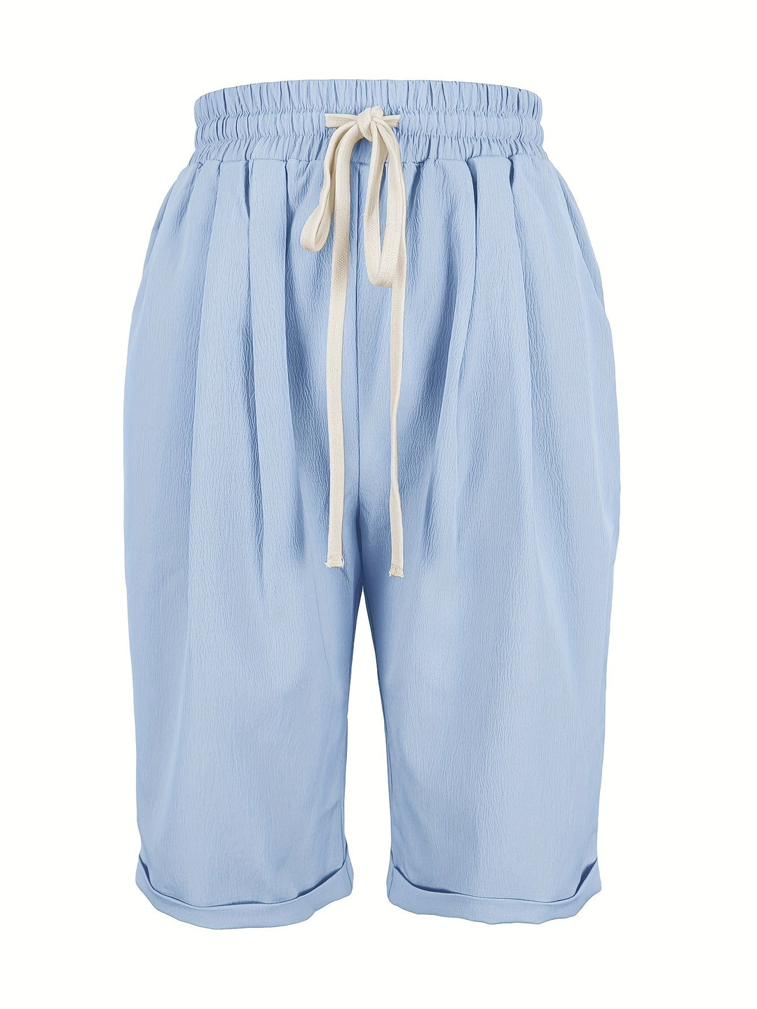 Woman wearing comfortable pull-on cropped straight leg shorts, ideal for everyday summer fashion.