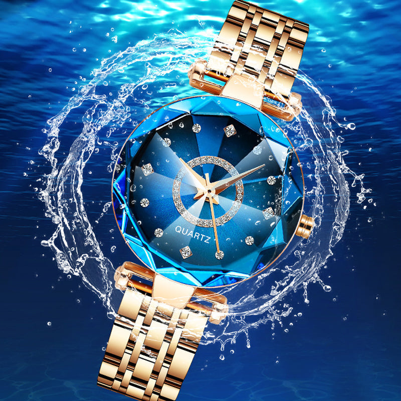 Women's quartz watch with starry diamond dial & stainless steel band. Waterproof, elegant fashion.