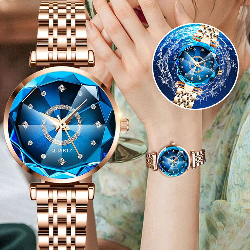 Angled view of a women's diamond dial watch, emphasizing its elegant and fashion-forward design.
