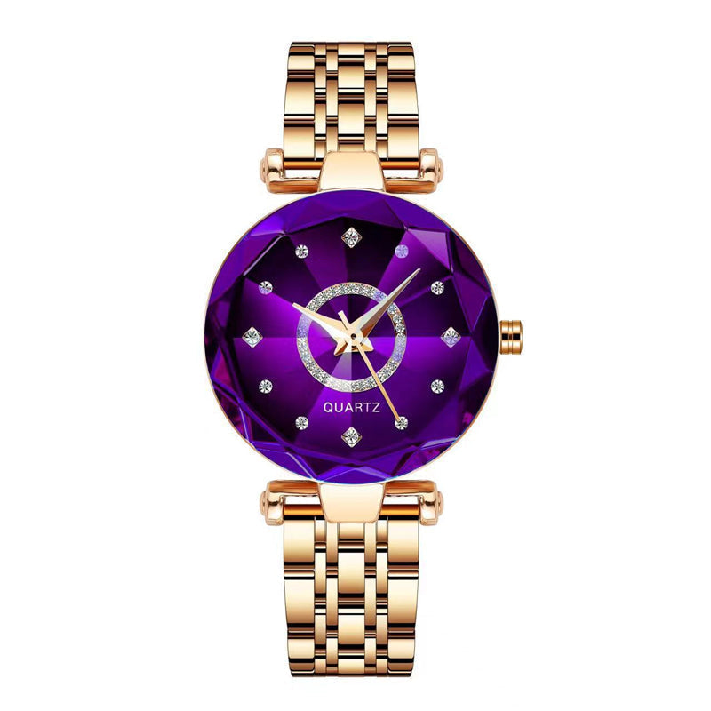Women's watch with starry diamond dial against a soft background, highlighting its luxury.