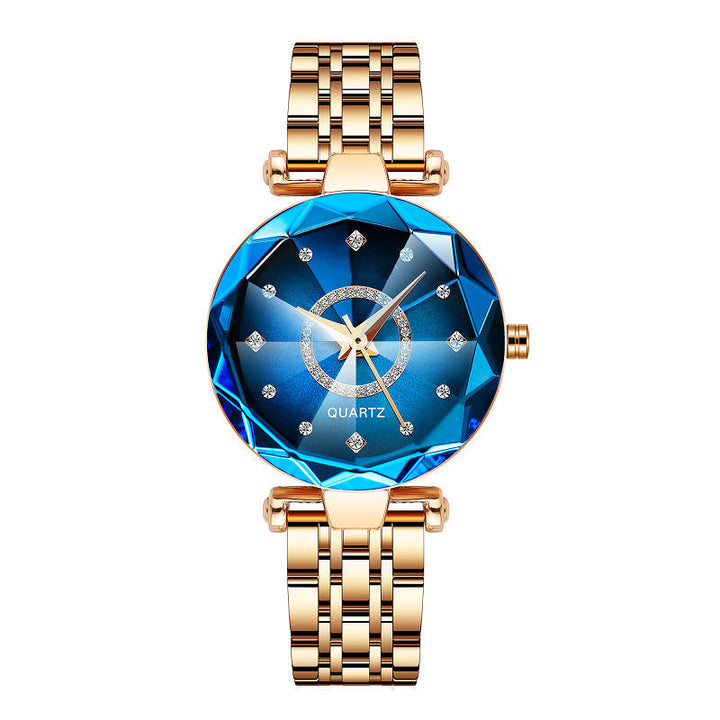 Stack of women's starry diamond dial quartz watches, showing various angle views.