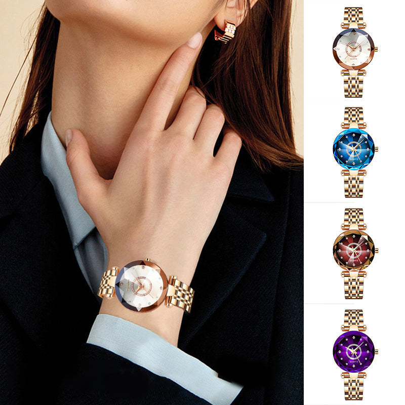 Close-up of a women's starry diamond dial watch, highlighting its elegant, waterproof design.