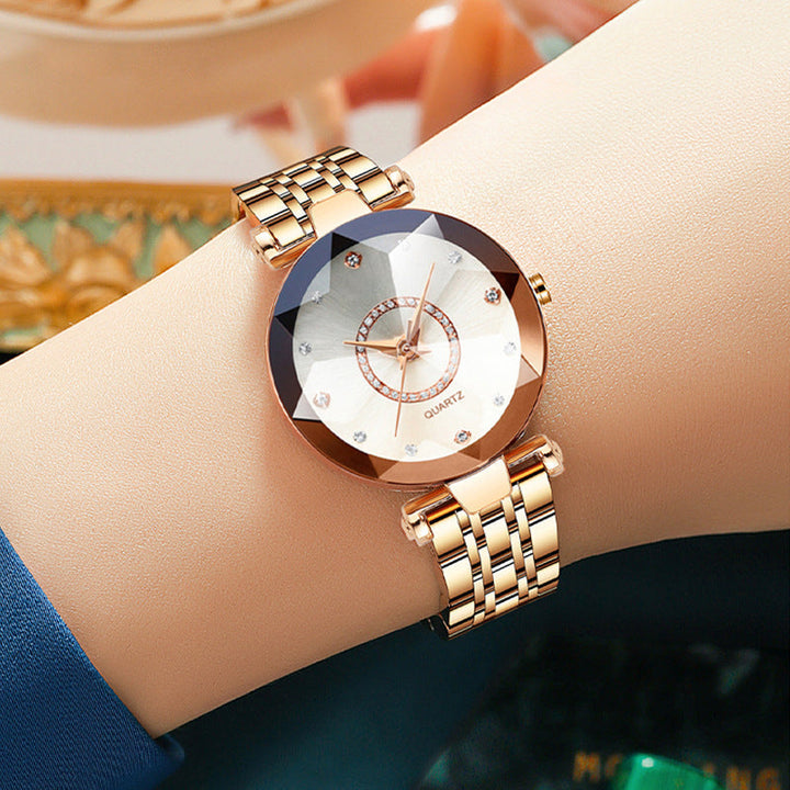 Side view of a women's waterproof quartz watch, showcasing the sleek stainless steel band.