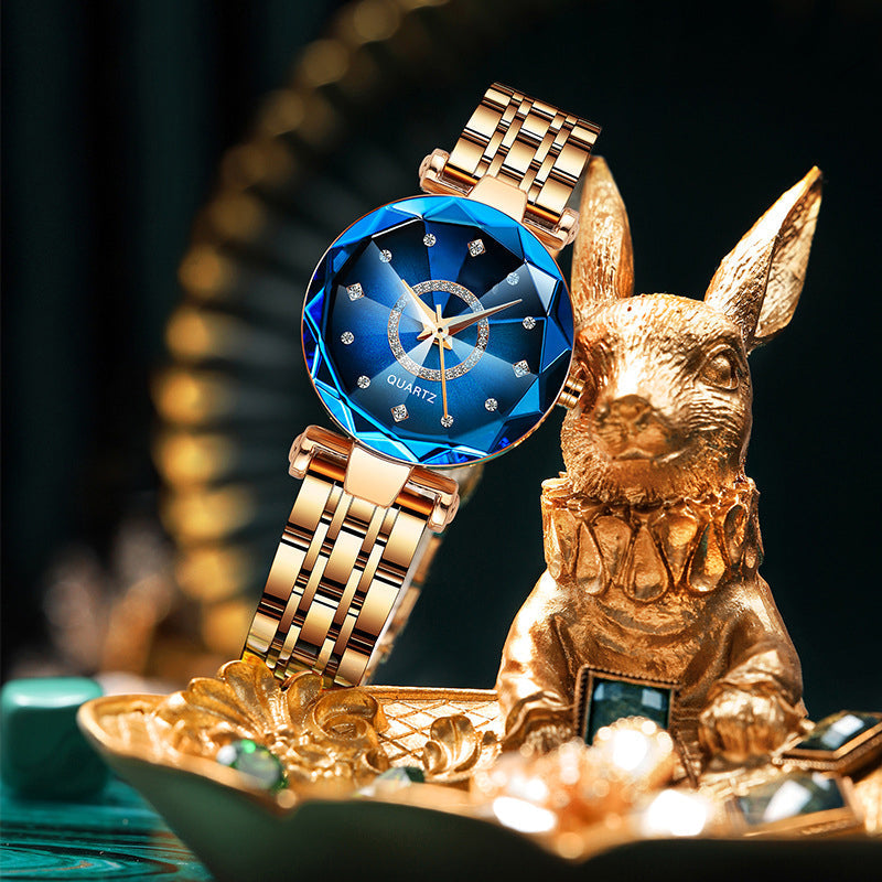 Women's watch on a wrist, displaying the beautiful starry diamond dial & polished steel.