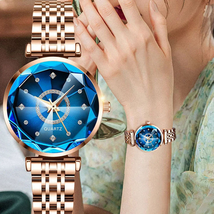 Overhead shot of a women's elegant quartz watch with a unique starry diamond dial.