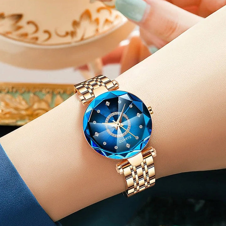 Women's watch box open, revealing a new starry diamond dial waterproof quartz timepiece.