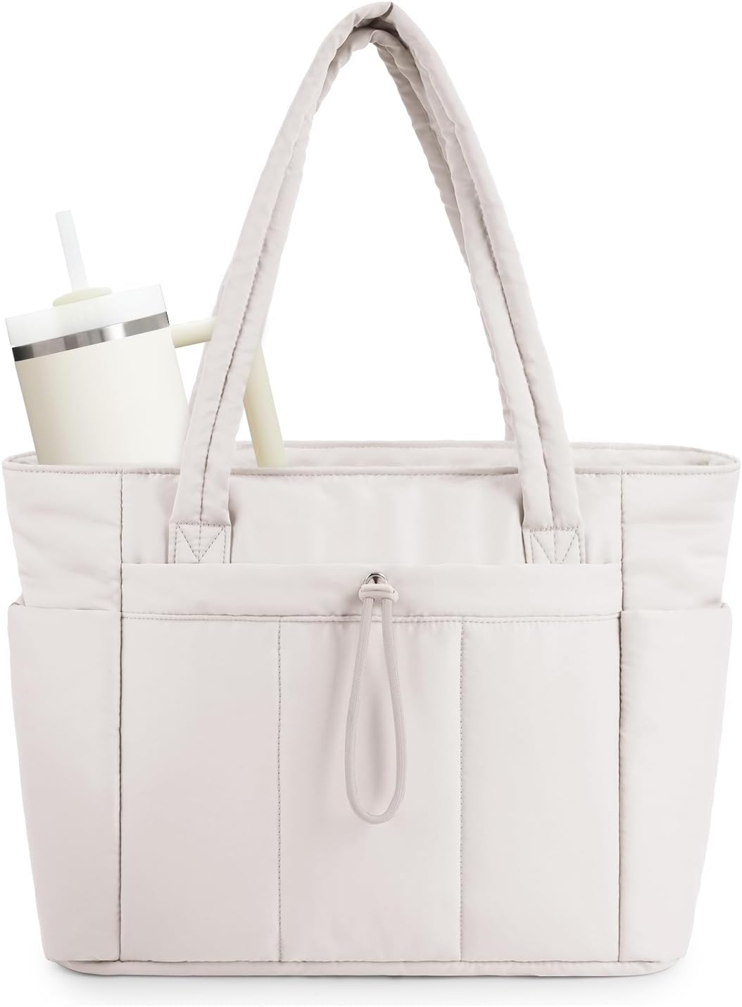 Women's quilted puffer tote bag with cup holder & laptop sleeve for travel.