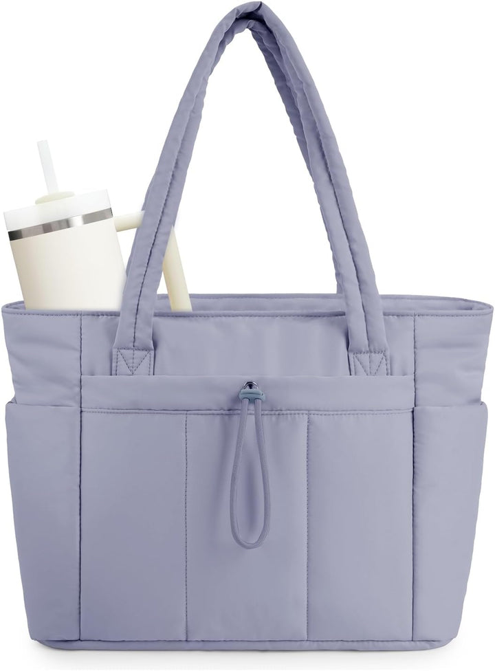 Functional work bag: quilted puffer tote, laptop sleeve, cup holder, stylish.