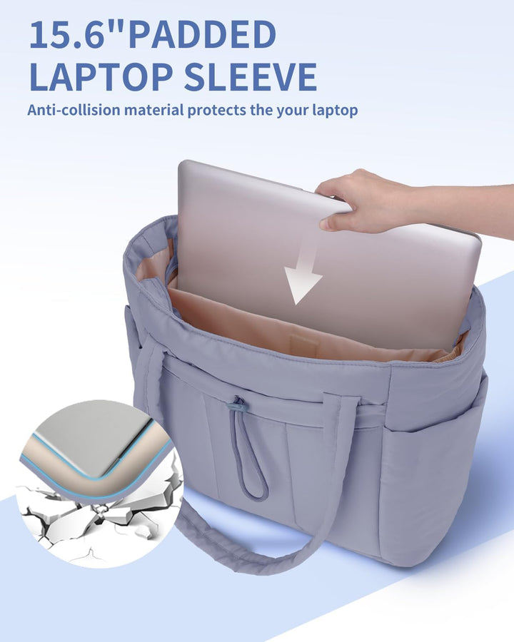 Durable women's puffer tote for travel, quilted, with secure laptop sleeve.