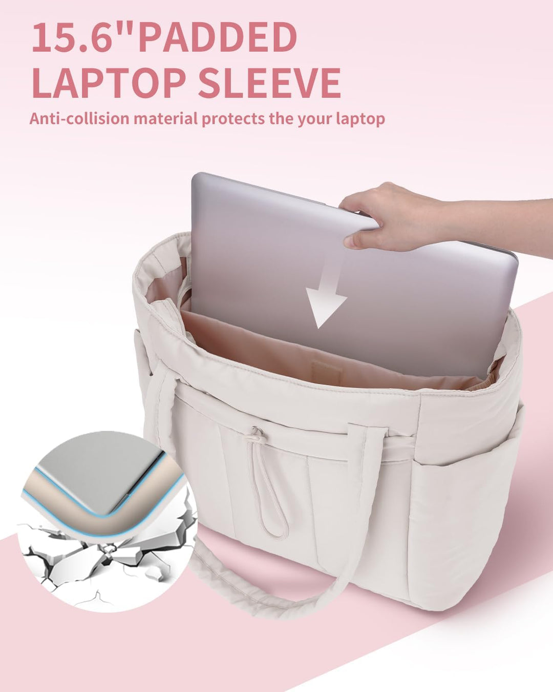 Chic quilted travel bag for women, puffer style, with laptop & cup holder.