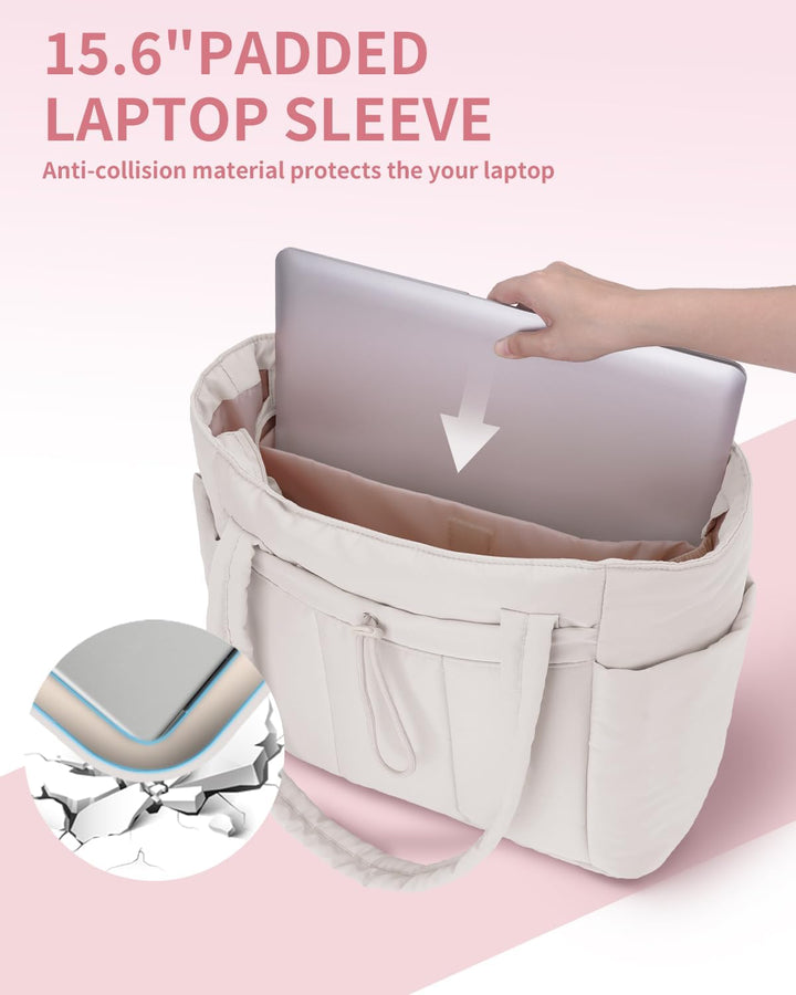 Chic quilted travel bag for women, puffer style, with laptop & cup holder.