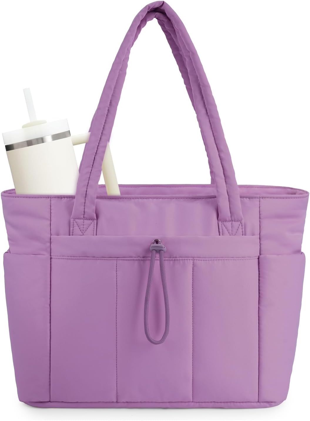 Women's everyday quilted tote, large, with dedicated laptop space & cup holder.