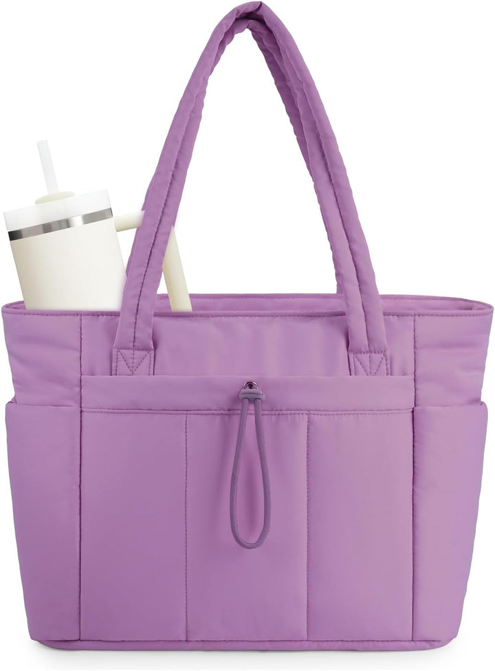 Women's everyday quilted tote, large, with dedicated laptop space & cup holder.