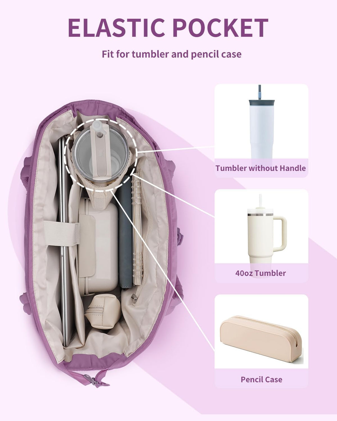 Modern women's puffer travel bag, quilted, offering laptop sleeve & cup holder.