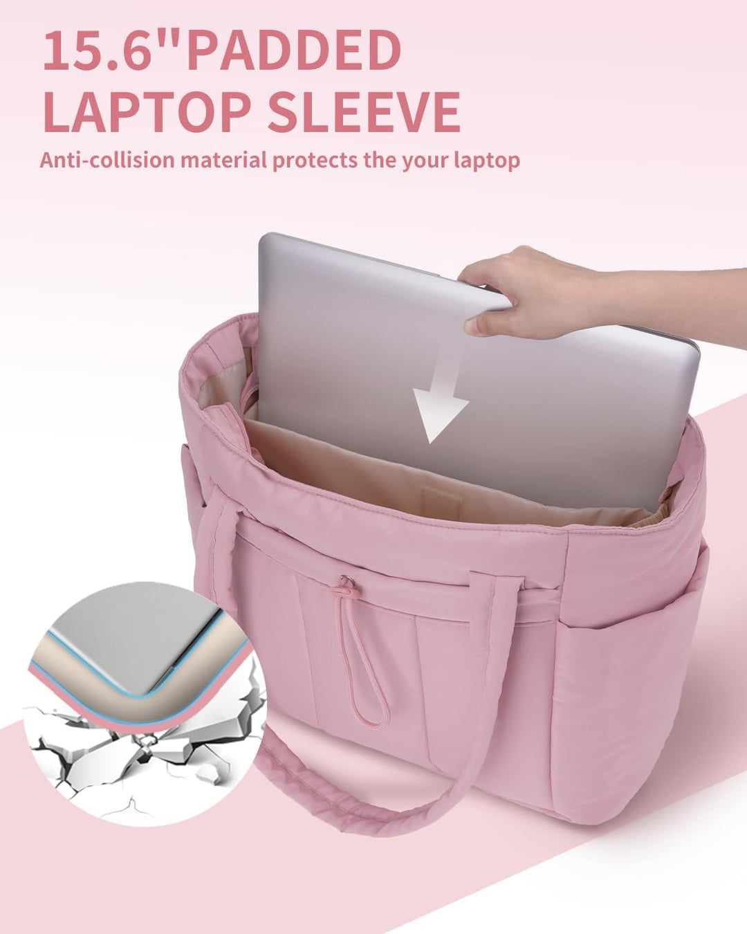 Large capacity women's gym tote, quilted puffer, with laptop-ready & bottle pocket.