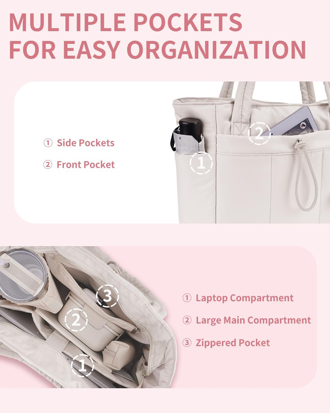 Professional women's work tote, quilted, with secure laptop sleeve & cup holder.