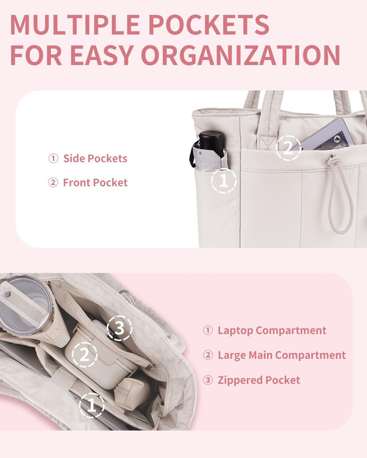 Professional women's work tote, quilted, with secure laptop sleeve & cup holder.