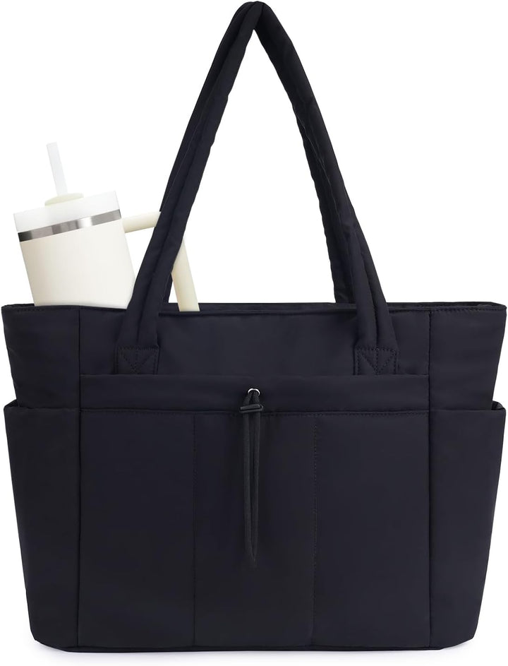 Women's large quilted tote, puffer, perfect for travel, laptop sleeve & cup holder.