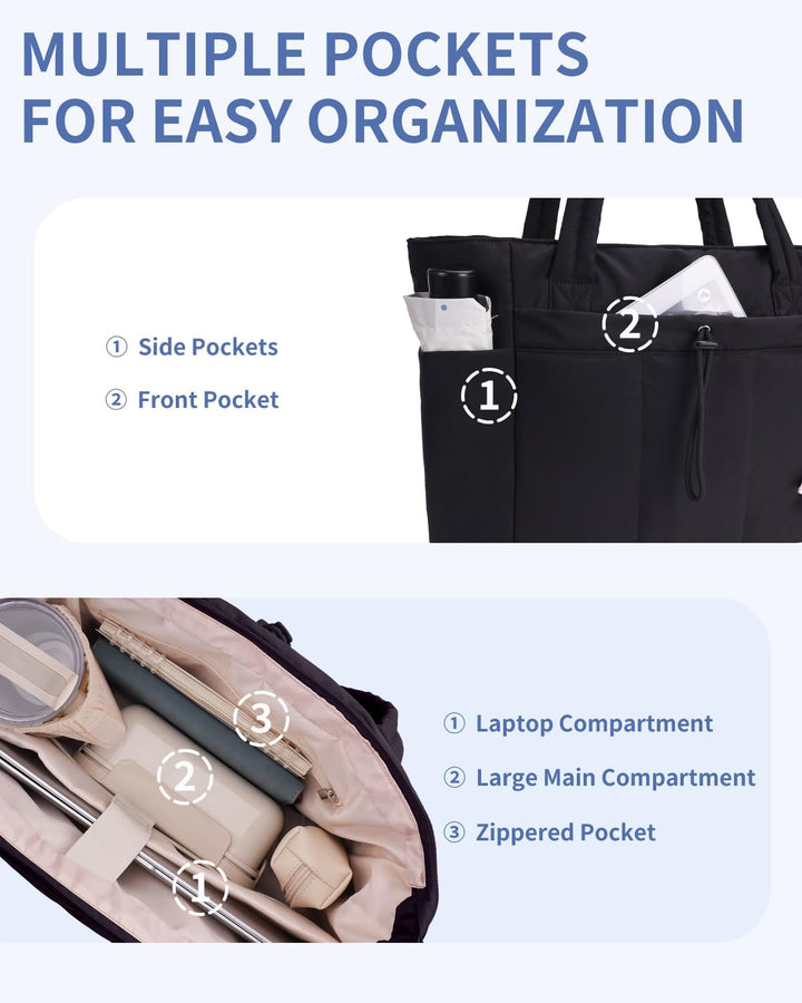 Modern women's travel tote, quilted puffer, spacious, with laptop sleeve & cup holder.