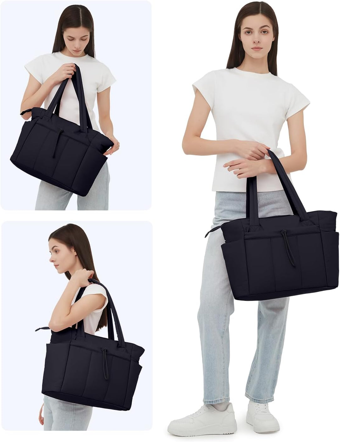 Stylish women's large capacity tote, quilted, puffer, for work, gym, travel.