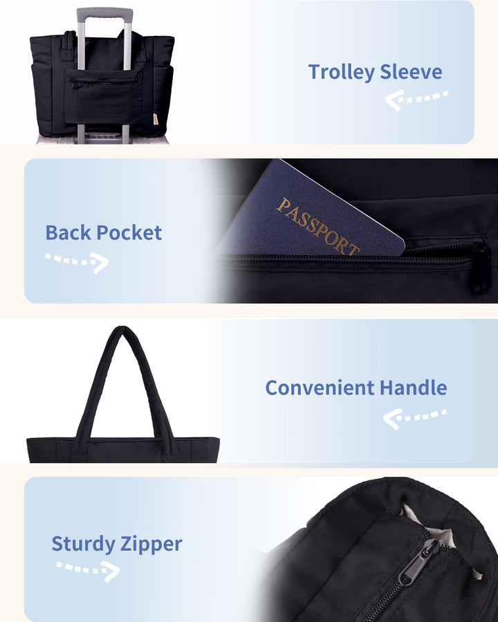 Professional women's quilted laptop bag, puffer, with cup holder for commuters.