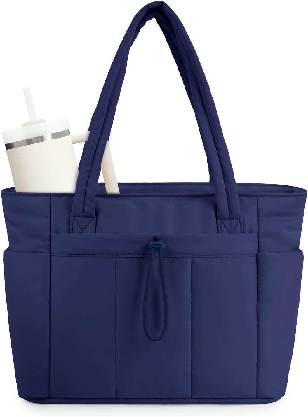 Women's chic quilted puffer tote, versatile for work, travel, gym with features.