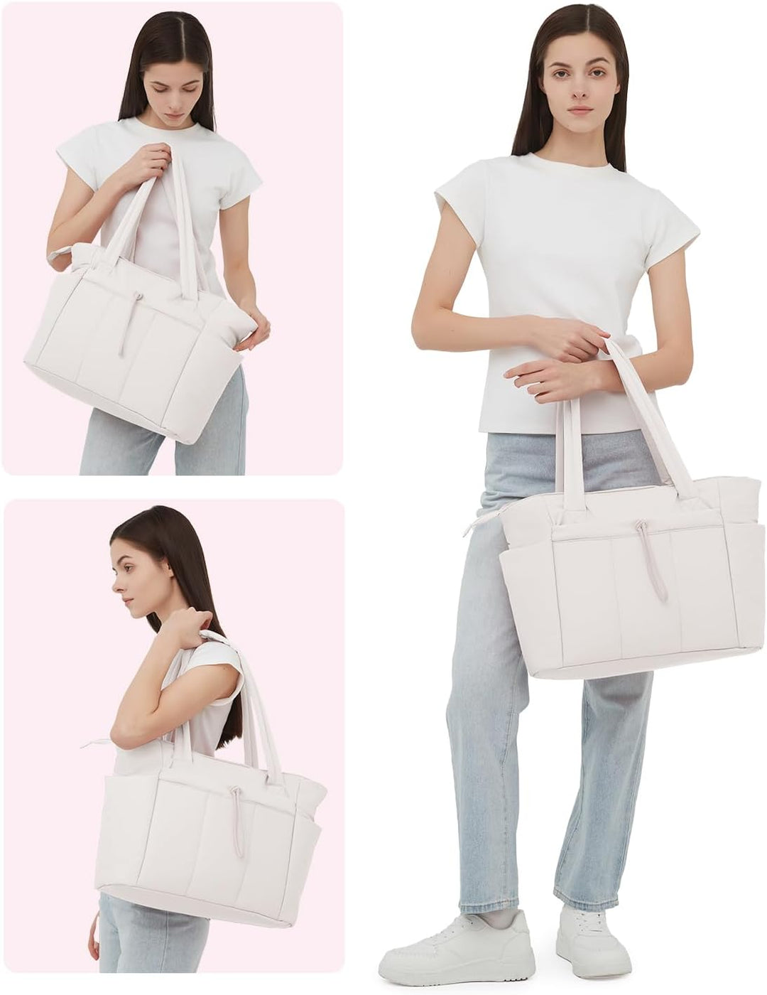 Modern women's shoulder tote, quilted puffer, laptop sleeve, cup holder, everyday.