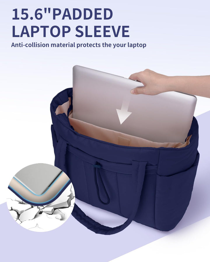 Stylish women's travel tote, quilted puffer, includes laptop sleeve & cup holder.