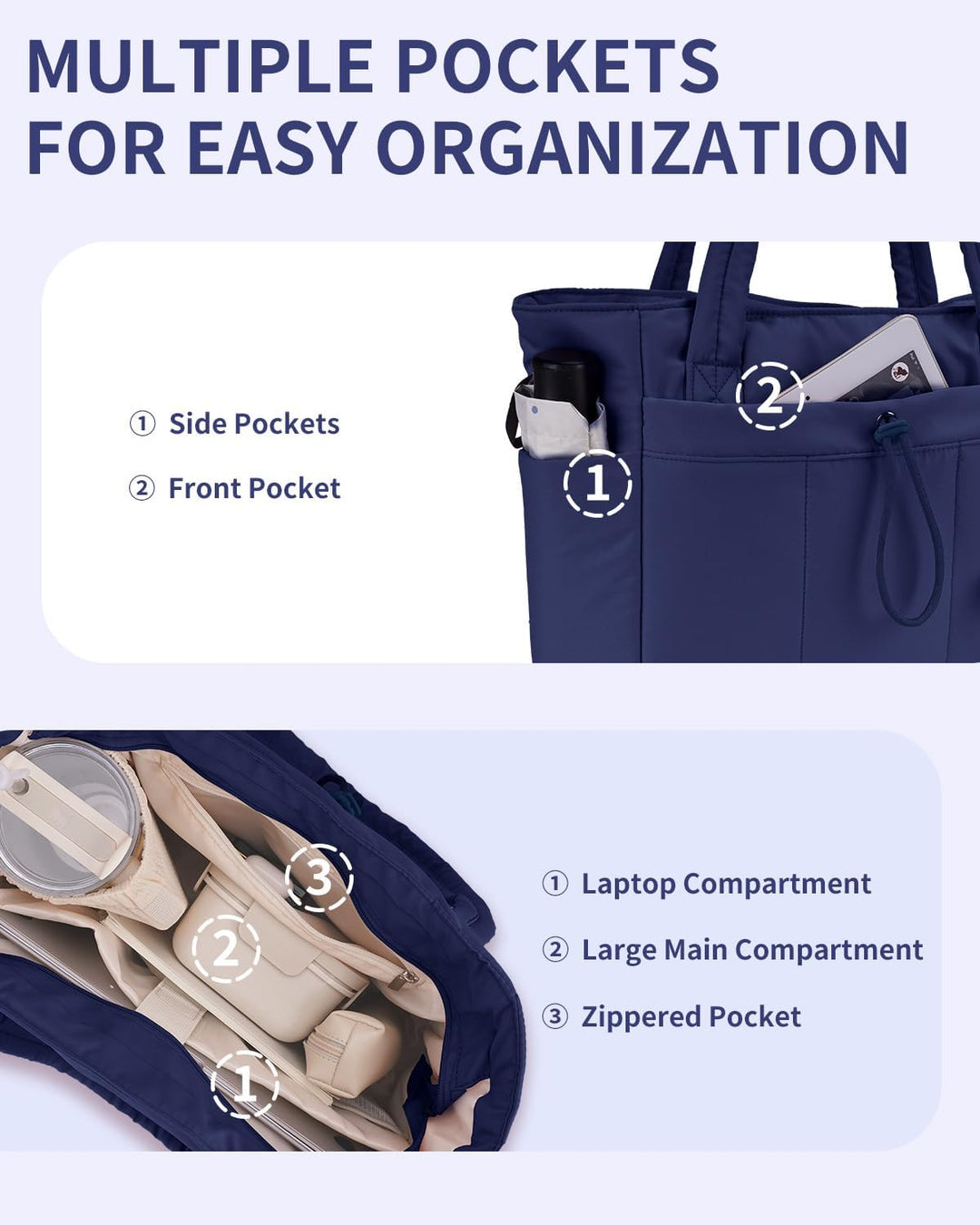 Durable women's quilted gym tote, puffer, with laptop sleeve & beverage pocket.