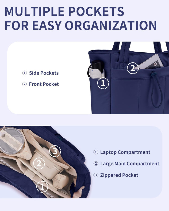 Durable women's quilted gym tote, puffer, with laptop sleeve & beverage pocket.