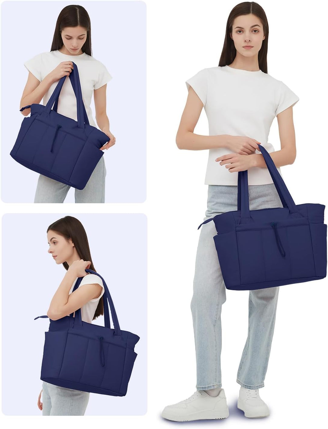 Professional women's everyday bag, quilted puffer, with laptop sleeve & cup holder.