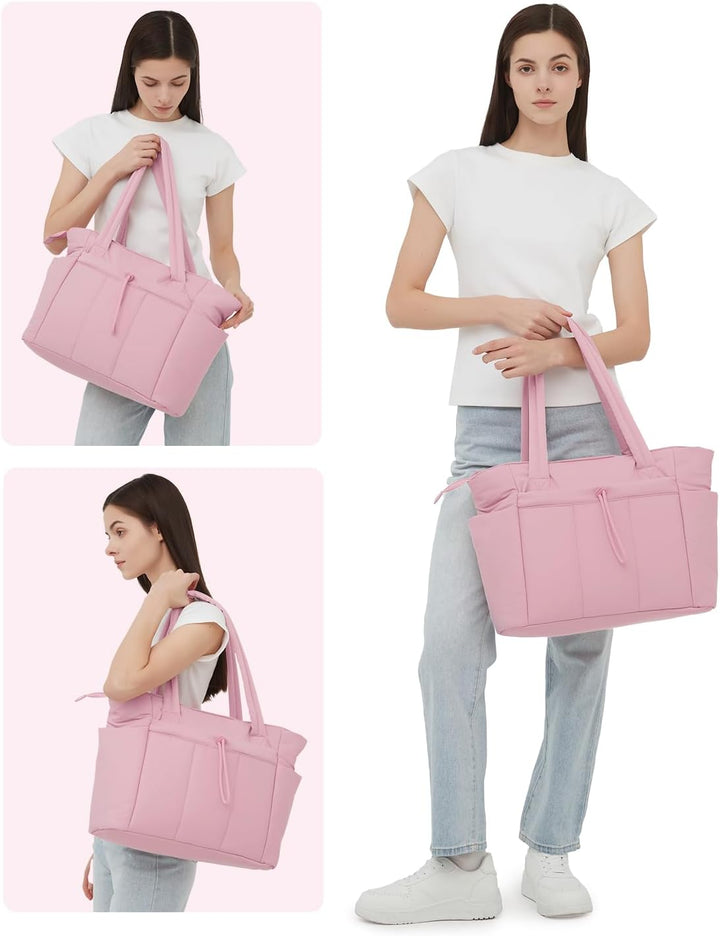 Spacious women's quilted puffer tote for work, travel, gym; laptop & cup holder.