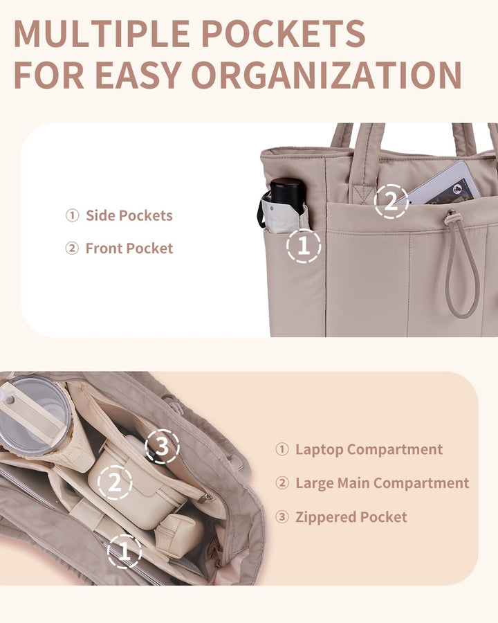 Chic puffer tote for work, with dedicated laptop sleeve & convenient cup holder.