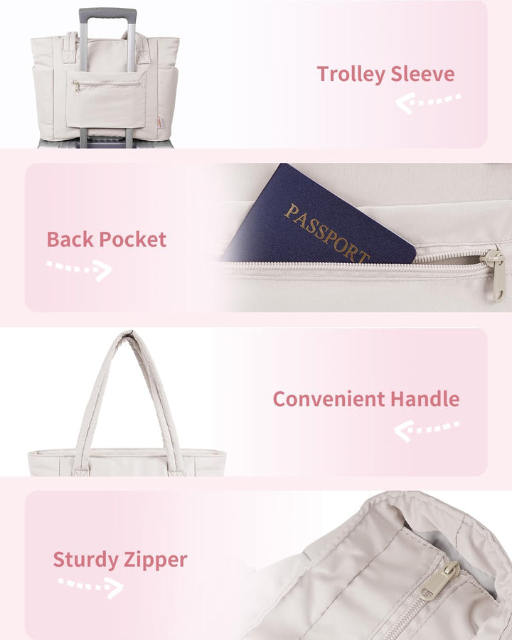 Durable women's quilted travel bag, puffer, laptop sleeve, cup holder, spacious.