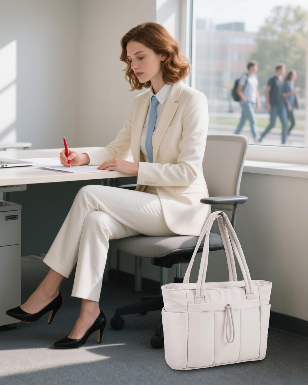 Professional women's puffer work tote, quilted, with laptop sleeve & cup holder.