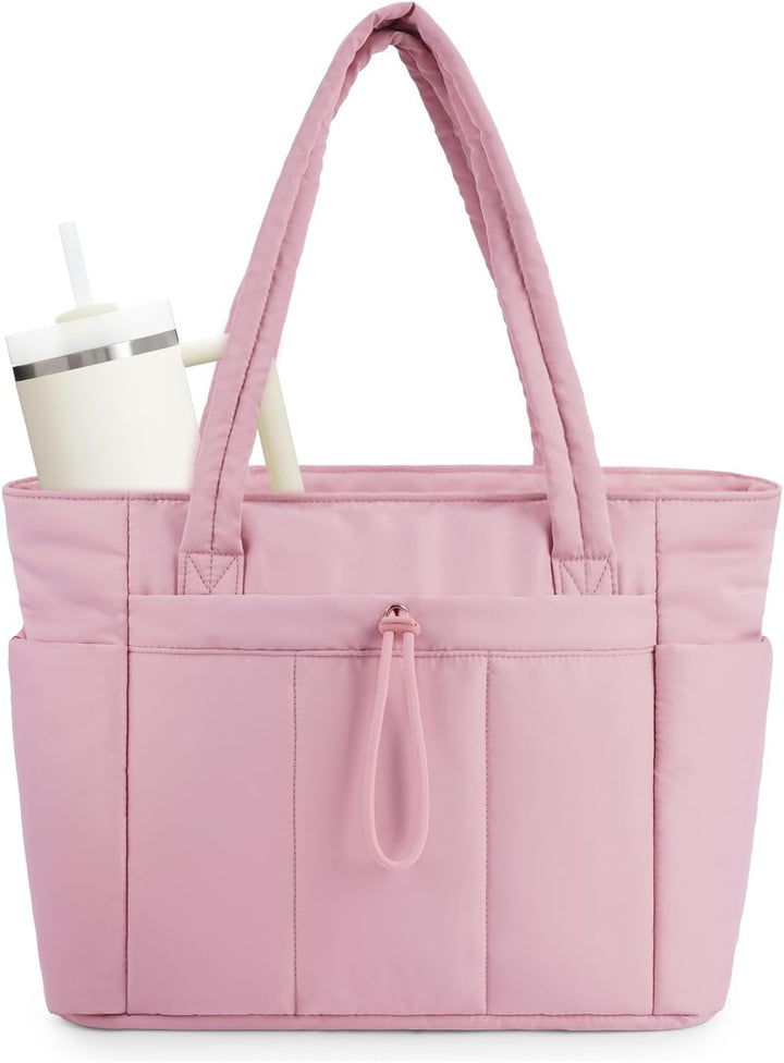 Spacious women's gym travel tote, quilted puffer, laptop compartment & cup holder.