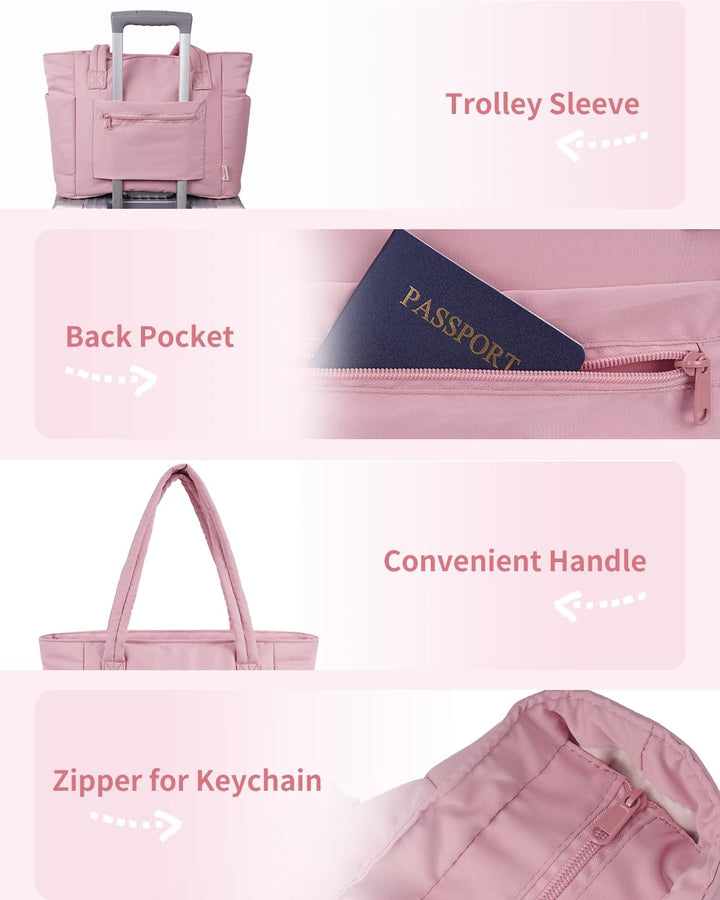 Modern women's shoulder travel tote, quilted puffer, laptop sleeve, cup holder.