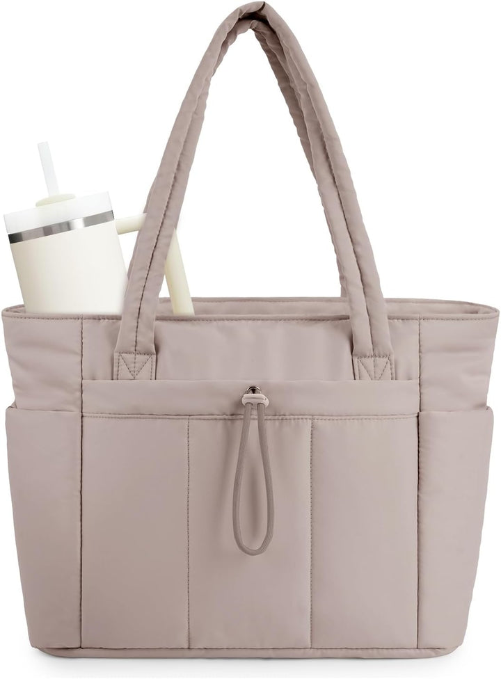 Stylish women's quilted gym tote, puffer, with laptop sleeve & beverage holder.