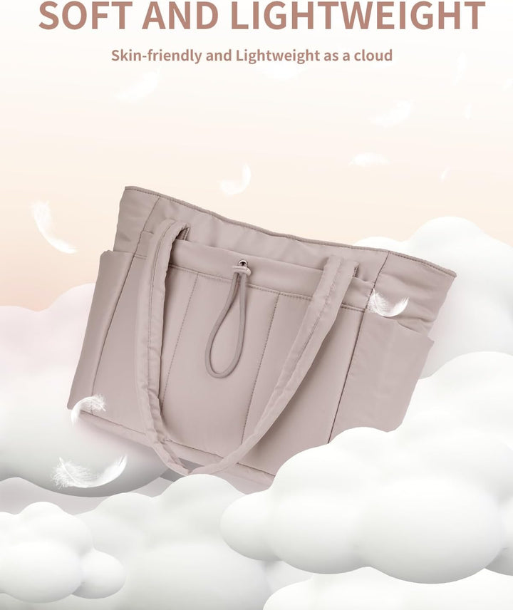 Versatile women's puffer tote bag, quilted, perfect for travel, work, or gym.