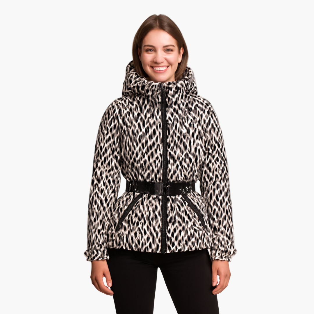 Women's quilted winter coat with hood, belted, in a stylish gray, close-up of texture