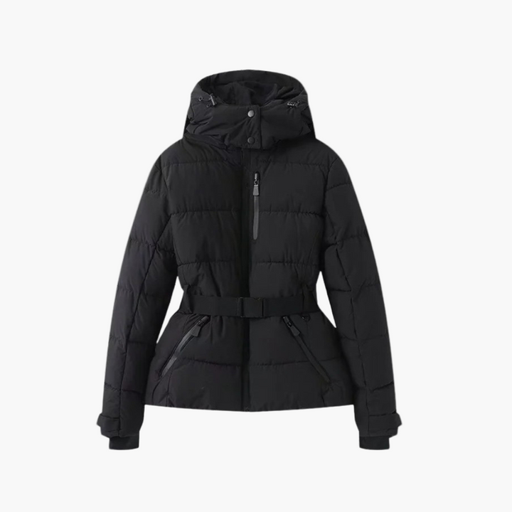 Women's warm hooded quilted coat in a neutral color, styled casually for winter