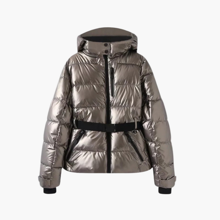 Studio shot of a women's winter quilted coat, belted at waist, with functional pockets