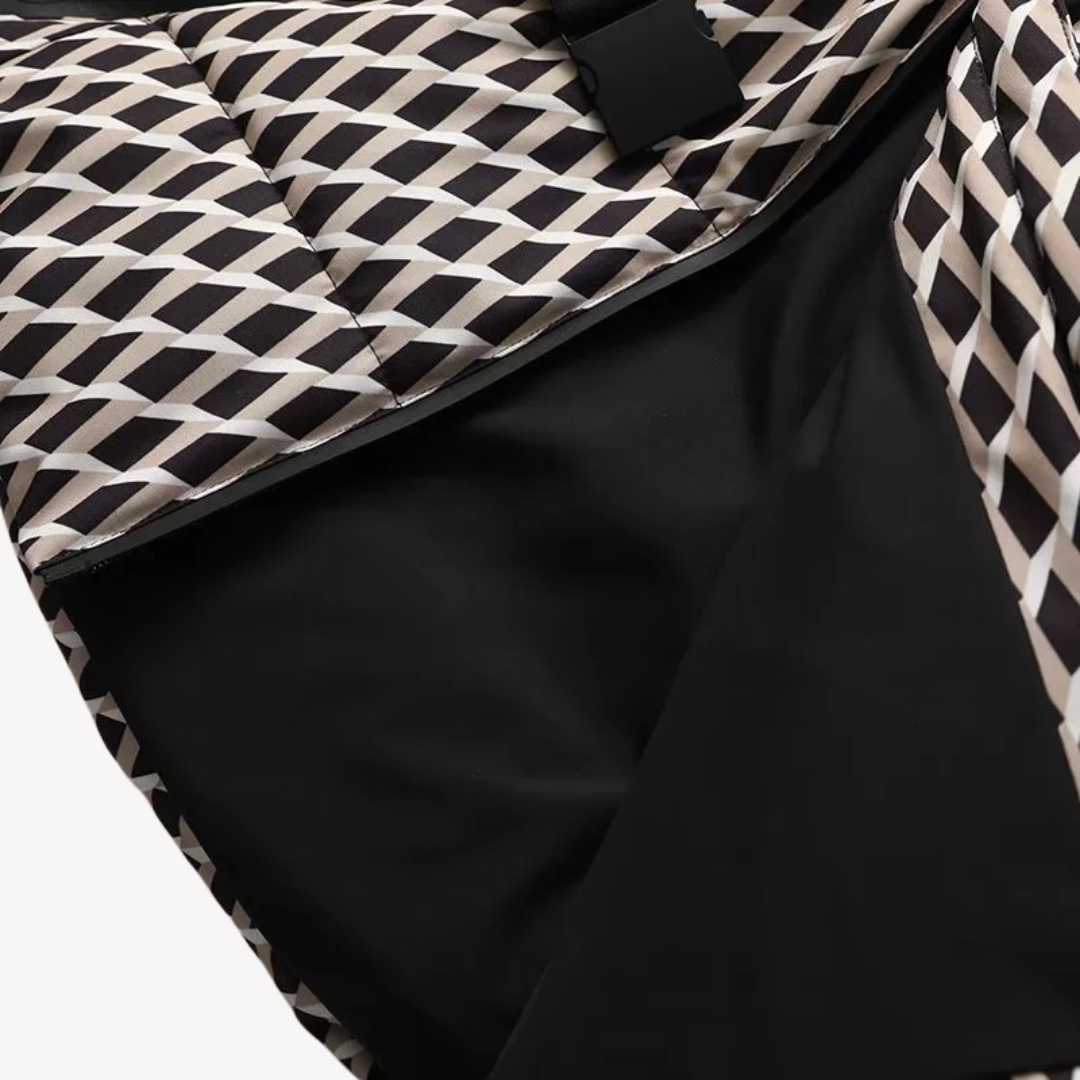 Side view of a warm women's quilted coat, hooded and belted, perfect for winter fashion