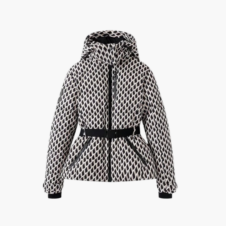 Stylish women's quilted coat with belt, dark color, on a hanger, ready for winter
