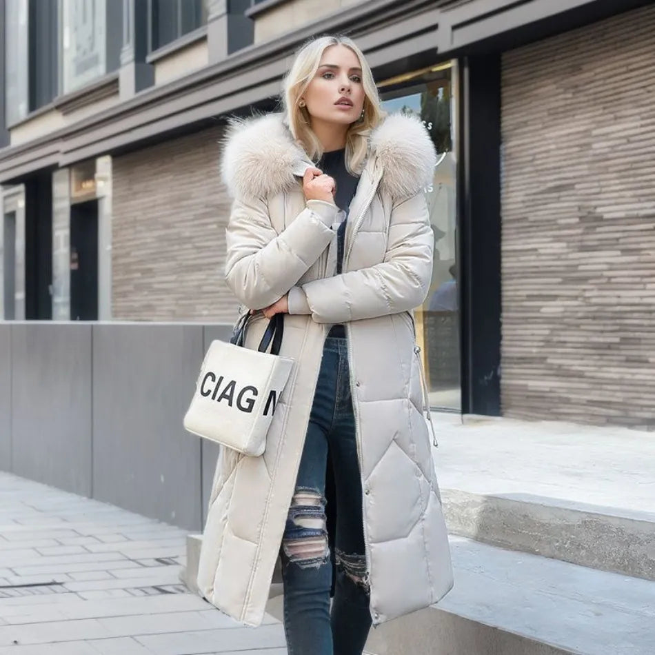 Winter fashion women's coat, quilted design with a cozy hooded trim, perfect for cold