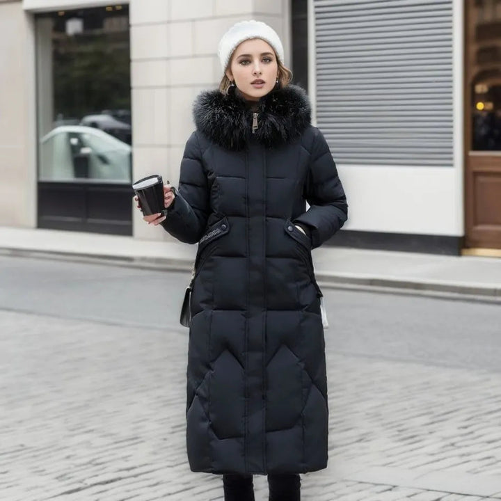Front view of a women's hooded quilted coat, ideal warm outerwear for winter seasons