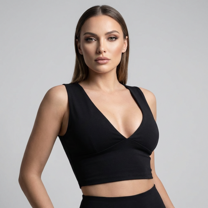 Women's racerback cutout crop top with deep V-neck, perfect for summer casual wear. Stylish and fitted.